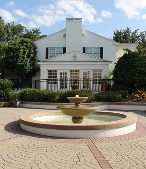 House with water fountain and landscaped yard