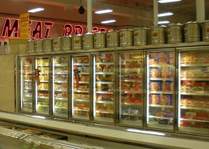 Frozen food aisle in a grocery store