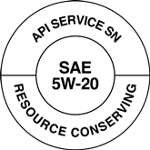 The ILSAC standard is displayed on the API Donut symbol Motor oil certification symbol with the text “API Service SN” at the top, “SAE 5W-20” in the center, and “Resource Conserving” at the bottom, displayed within concentric black-outlined circles.