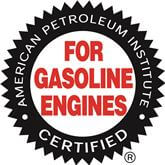 The API Starburst certification symbol American Petroleum Institute (API) certification seal stating “Certified For Gasoline Engines” in red and black text, displayed within a circular black badge.