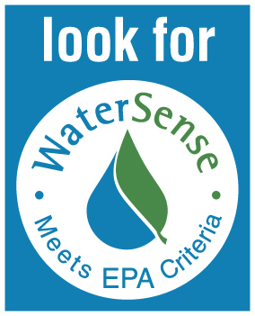 The WaterSense logo directs consumers to products manufactured to EPA water conservation standards. Blue and white promotional badge with the text “Look for WaterSense – Meets EPA Criteria.” It features a stylized green and blue water droplet logo, indicating products that meet U.S. EPA standards for water efficiency and performance.