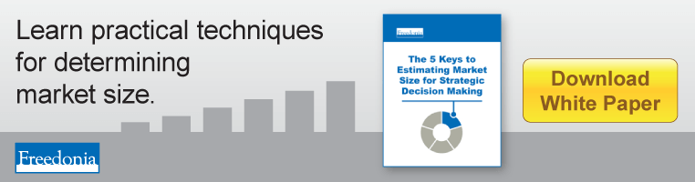 Promotional banner from Freedonia featuring the headline “Learn practical techniques for determining market size.” Includes a white paper titled “The 5 Keys to Estimating Market Size for Strategic Decision Making” and a yellow button labeled “Download White Paper.”