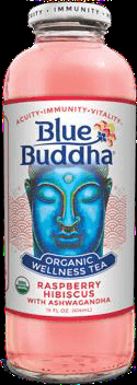 Label of Blue Buddha Organic Wellness Tea featuring a serene blue Buddha illustration. The flavor is Raspberry Hibiscus with Ashwagandha. The label promotes benefits like acuity, immunity, and vitality and includes pink and red design accents.