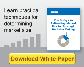 Promotional ad featuring a white paper titled “The 5 Keys to Estimating Market Size for Strategic Decision Making.” Text on the left reads, “Learn practical techniques for determining market size.” A yellow button at the bottom says “Download White Paper.” Background includes a gray bar graph design.