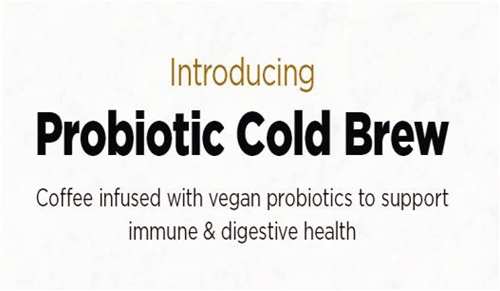 Promotional graphic with the headline “Introducing Probiotic Cold Brew.” Subtext reads: “Coffee infused with vegan probiotics to support immune & digestive health.”