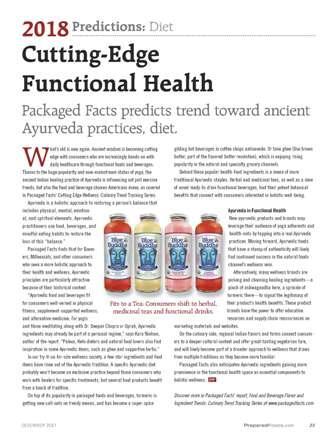 A magazine article titled “2018 Predictions: Diet – Cutting-Edge Functional Health” from Packaged Facts discusses a trend toward ancient Ayurveda practices and diets. It includes a photo of five bottles of Fire Tea Kombucha, each with colorful labels.