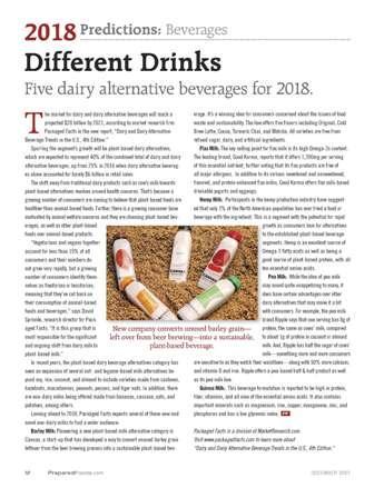 A magazine article titled “2018 Predictions: Beverages – Different Drinks” from Packaged Facts highlights five dairy alternative beverages for 2018. The article features a photo of five colorful bottled beverages made from grains like barley, displayed on a burlap surface.