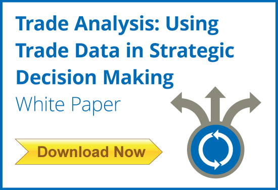 Advertisement for a white paper titled “Trade Analysis: Using Trade Data in Strategic Decision Making.” Includes a yellow “Download Now” button and a graphic of arrows pointing in multiple directions from a circular icon.