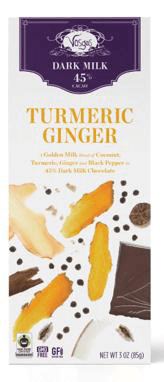 Product packaging for a 45%25 cacao dark milk chocolate bar labeled “Turmeric Ginger.” The label highlights flavors of coconut, turmeric, ginger, and black pepper. The design features illustrations of turmeric roots and peppercorns on a white background.